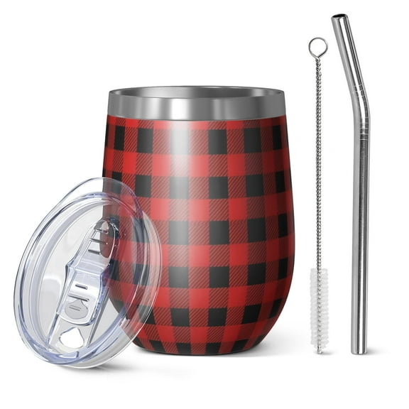 12oz Stemless Wine Tumblers Red Black Plaid Checkered Pattern Vacuum Insulated Stainless Steel Travel Tumbler Cups Mug with Lid and Straw for Champaign,Cocktail,Beer with Cleaning Brush