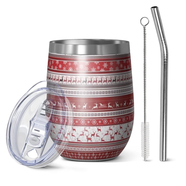 12oz Stemless Wine Tumblers Red Christmas Folk Pattern Vacuum Insulated Stainless Steel Travel Tumbler Cups Mug with Lid and Straw for Champaign,Cocktail,Beer with Cleaning Brush
