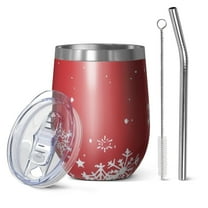 12oz Stemless Wine Tumblers Red Christmas Snowflake Pattern Vacuum Insulated Stainless Steel Travel Tumbler Cups Mug with Lid and Straw for Champaign,Cocktail,Beer with Cleaning Brush