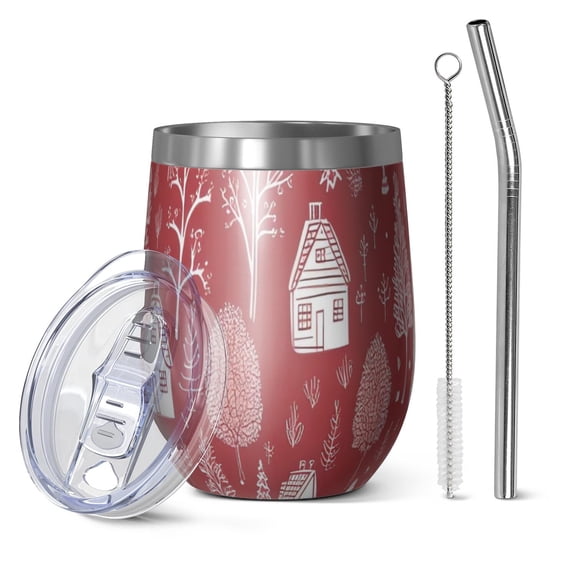 12oz Stemless Wine Tumblers Red Christmas Village Pattern Vacuum Insulated Stainless Steel Travel Tumbler Cups Mug with Lid and Straw for Champaign,Cocktail,Beer with Cleaning Brush