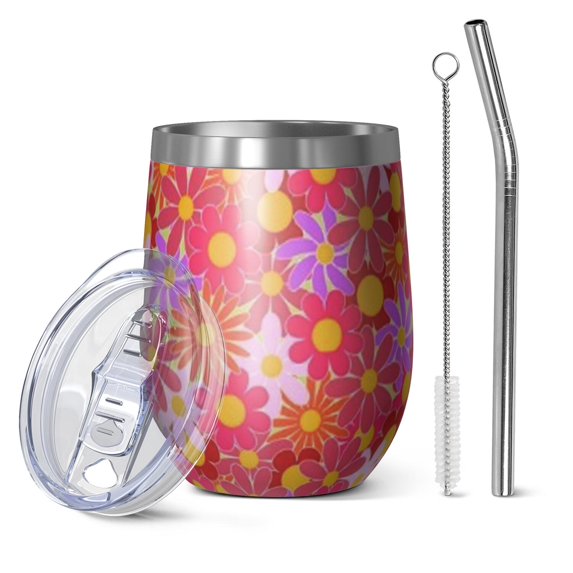 12oz Stemless Wine Tumblers Red Daisy Flower Retro Pattern Vacuum Insulated Stainless Steel Travel Tumbler Cups Mug with Lid and Straw for Champaign,Cocktail,Beer with Cleaning Brush