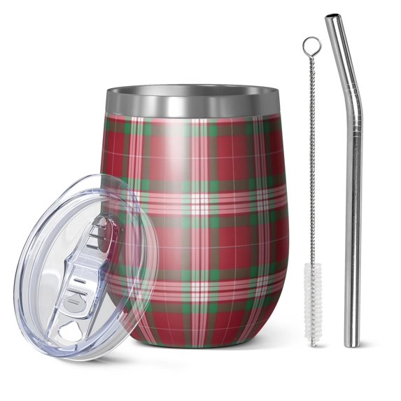 12oz Stemless Wine Tumblers Red and Green Christmas Plaid Pattern Vacuum Insulated Stainless Steel Travel Tumbler Cups Mug with Lid and Straw for Champaign,Cocktail,Beer with Cleaning Brush