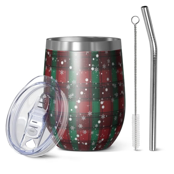 12oz Stemless Wine Tumblers Red and Green Plaid Christmas Snow Pattern Vacuum Insulated Stainless Steel Travel Tumbler Cups Mug with Lid and Straw for Champaign,Cocktail,Beer with Cleaning Brush
