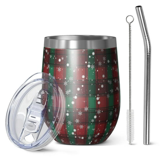 12oz Stemless Wine Tumblers Red and Green Plaid Christmas Snow Pattern Vacuum Insulated Stainless Steel Travel Tumbler Cups Mug with Lid and Straw for Champaign,Cocktail,Beer with Cleaning Brush