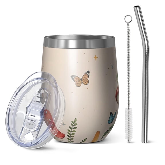 12oz Stemless Wine Tumblers Red Mushroom Frog Light Pattern Vacuum Insulated Stainless Steel Travel Tumbler Cups Mug with Lid and Straw for Champaign,Cocktail,Beer with Cleaning Brush