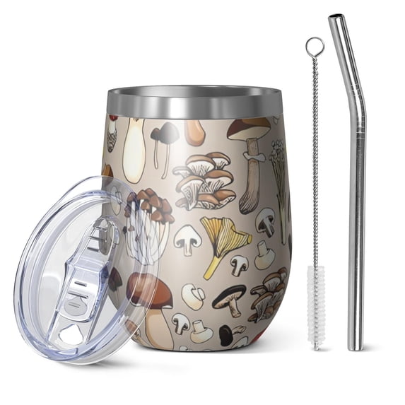 12oz Stemless Wine Tumblers Red Mushroom Light Pattern Vacuum Insulated Stainless Steel Travel Tumbler Cups Mug with Lid and Straw for Champaign,Cocktail,Beer with Cleaning Brush