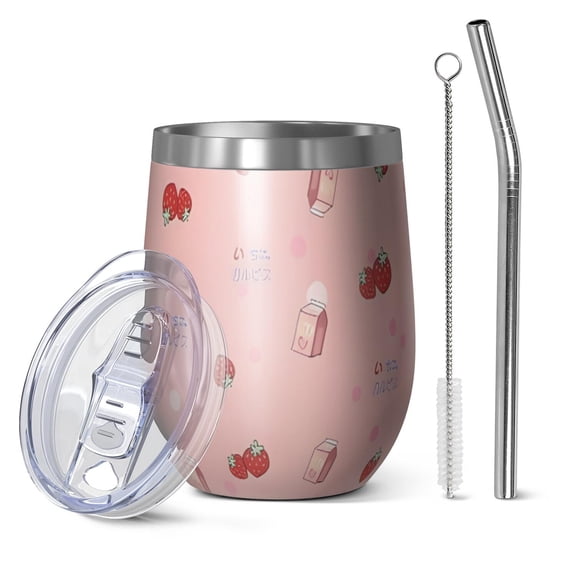 12oz Stemless Wine Tumblers Red Strawberry Plants Fruit Vacuum Insulated Stainless Steel Travel Tumbler Cups Mug with Lid and Straw for Champaign,Cocktail,Beer with Cleaning Brush