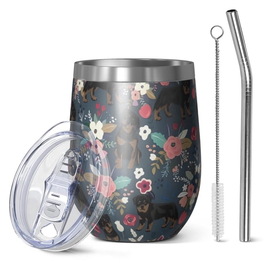 12oz Stemless Wine Tumblers Rottweiler Dog and Flower Floral Vacuum Insulated Stainless Steel Travel Tumbler Cups Mug with Lid and Straw for Champaign,Cocktail,Beer with Cleaning Brush