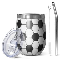 12oz Stemless Wine Tumblers Soccer Ball Pattern Vacuum Insulated Stainless Steel Travel Tumbler Cups Mug with Lid and Straw for Champaign,Cocktail,Beer with Cleaning Brush