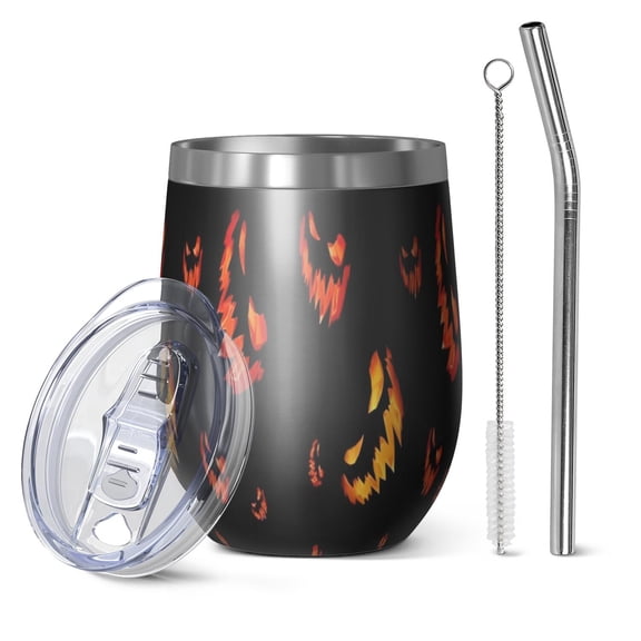 12oz Stemless Wine Tumblers Spooky Halloween Faces Pattern Vacuum Insulated Stainless Steel Travel Tumbler Cups Mug with Lid and Straw for Champaign,Cocktail,Beer with Cleaning Brush