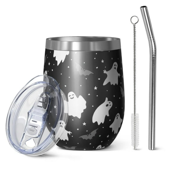12oz Stemless Wine Tumblers Spooky Halloween Ghosts Pattern Vacuum Insulated Stainless Steel Travel Tumbler Cups Mug with Lid and Straw for Champaign,Cocktail,Beer with Cleaning Brush