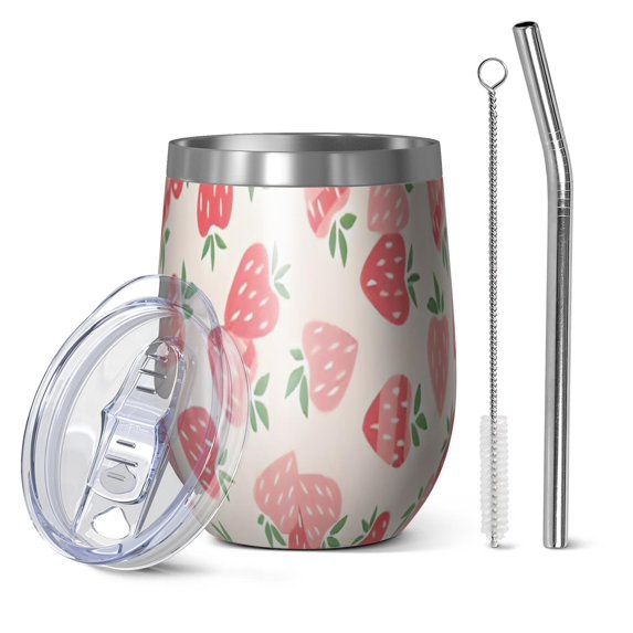 12oz Stemless Wine Tumblers Strawberry Plants Fruit Light Pink Pattern Vacuum Insulated Stainless Steel Travel Tumbler Cups Mug with Lid and Straw for Champaign,Cocktail,Beer with Cleaning Brush