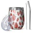 thumbnail image 1 of 12oz Stemless Wine Tumblers Strawberry Plants Fruit White Pattern Vacuum Insulated Stainless Steel Travel Tumbler Cups Mug with Lid and Straw for Champaign,Cocktail,Beer with Cleaning Brush, 1 of 5