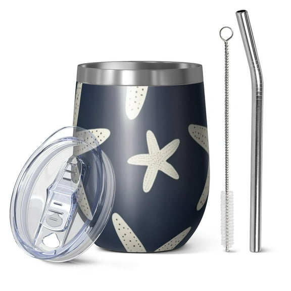 12oz Stemless Wine Tumblers Summer Ocean Starfish Vacuum Insulated Stainless Steel Travel Tumbler Cups Mug with Lid and Straw for Champaign,Cocktail,Beer with Cleaning Brush
