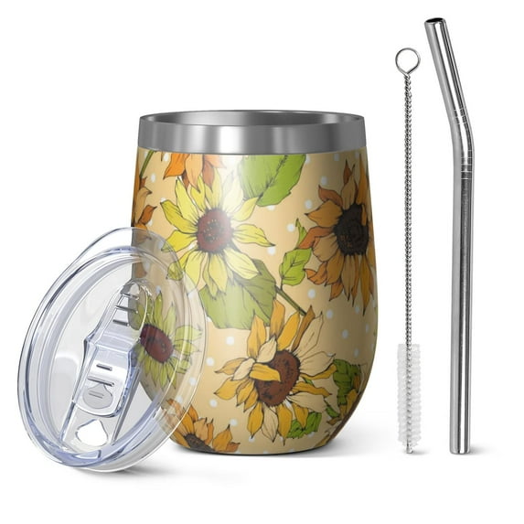 12oz Stemless Wine Tumblers Sunflower Vacuum Insulated Stainless Steel Travel Tumbler Cups Mug with Lid and Straw for Champaign,Cocktail,Beer with Cleaning Brush