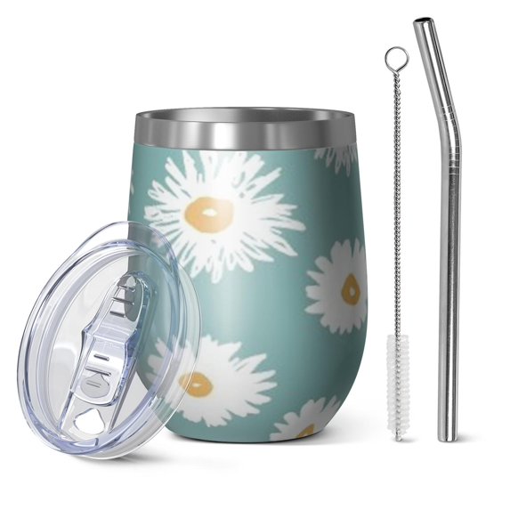 12oz Stemless Wine Tumblers Teal Daisy Flower Yellow Centers Pattern Vacuum Insulated Stainless Steel Travel Tumbler Cups Mug with Lid and Straw for Champaign,Cocktail,Beer with Cleaning Brush