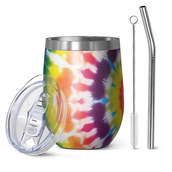 12oz Stemless Wine Tumblers Tie Dye Rainbow Concentric Circles Pattern Vacuum Insulated Stainless Steel Travel Tumbler Cups Mug with Lid and Straw for Champaign,Cocktail,Beer with Cleaning Brush