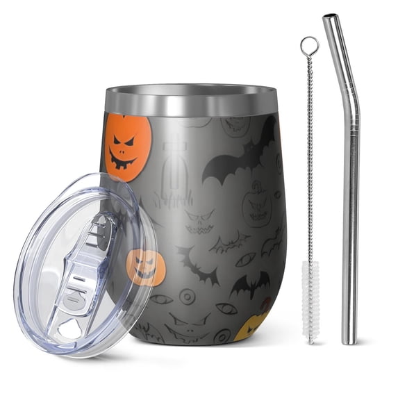 12oz Stemless Wine Tumblers Vintage Halloween Elements Pattern Vacuum Insulated Stainless Steel Travel Tumbler Cups Mug with Lid and Straw for Champaign,Cocktail,Beer with Cleaning Brush