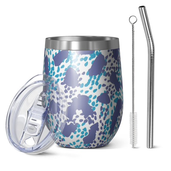 12oz Stemless Wine Tumblers White and Blue Of Animal Print Vacuum Insulated Stainless Steel Travel Tumbler Cups Mug with Lid and Straw for Champaign,Cocktail,Beer with Cleaning Brush