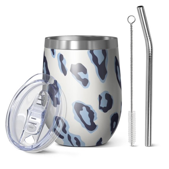 12oz Stemless Wine Tumblers White and Blue Of Leopard Print Vacuum Insulated Stainless Steel Travel Tumbler Cups Mug with Lid and Straw for Champaign,Cocktail,Beer with Cleaning Brush