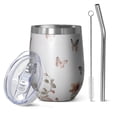 thumbnail image 1 of 12oz Stemless Wine Tumblers White Butterfly Rose Pattern Vacuum Insulated Stainless Steel Travel Tumbler Cups Mug with Lid and Straw for Champaign,Cocktail,Beer with Cleaning Brush, 1 of 5