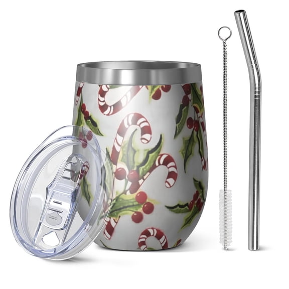 12oz Stemless Wine Tumblers White Christmas Candy Cane Pattern Vacuum Insulated Stainless Steel Travel Tumbler Cups Mug with Lid and Straw for Champaign,Cocktail,Beer with Cleaning Brush