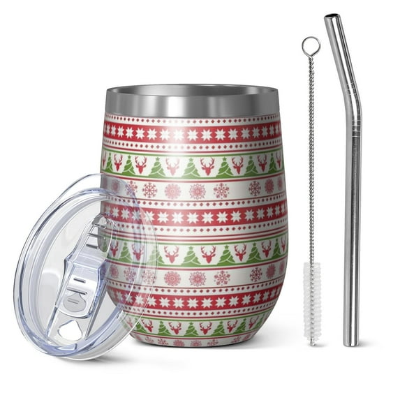 12oz Stemless Wine Tumblers White Christmas Folk Pattern Vacuum Insulated Stainless Steel Travel Tumbler Cups Mug with Lid and Straw for Champaign,Cocktail,Beer with Cleaning Brush