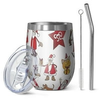 12oz Stemless Wine Tumblers White Christmas Santa and Character Pattern Vacuum Insulated Stainless Steel Travel Tumbler Cups Mug with Lid and Straw for Champaign,Cocktail,Beer with Cleaning Brush
