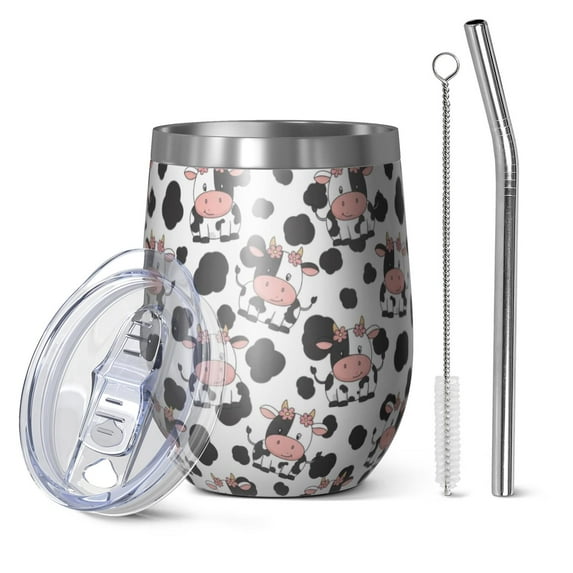 12oz Stemless Wine Tumblers White Cow Black Spot Pattern Vacuum Insulated Stainless Steel Travel Tumbler Cups Mug with Lid and Straw for Champaign,Cocktail,Beer with Cleaning Brush