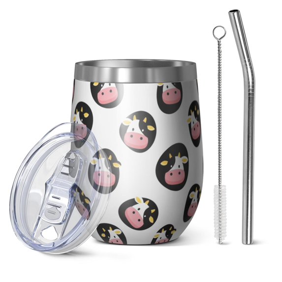 12oz Stemless Wine Tumblers White Cow Oval Face Pattern Vacuum Insulated Stainless Steel Travel Tumbler Cups Mug with Lid and Straw for Champaign,Cocktail,Beer with Cleaning Brush