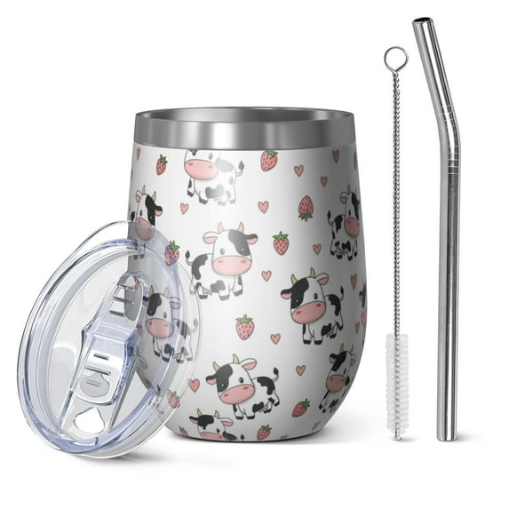 12oz Stemless Wine Tumblers White Cow Strawberry Heart Pattern Vacuum Insulated Stainless Steel Travel Tumbler Cups Mug with Lid and Straw for Champaign,Cocktail,Beer with Cleaning Brush