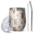 thumbnail image 1 of 12oz Stemless Wine Tumblers White Highland Cow Flower Pattern Vacuum Insulated Stainless Steel Travel Tumbler Cups Mug with Lid and Straw for Champaign,Cocktail,Beer with Cleaning Brush, 1 of 5