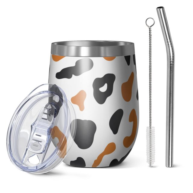 12oz Stemless Wine Tumblers White and Orange Of Leopard Print Vacuum Insulated Stainless Steel Travel Tumbler Cups Mug with Lid and Straw for Champaign,Cocktail,Beer with Cleaning Brush