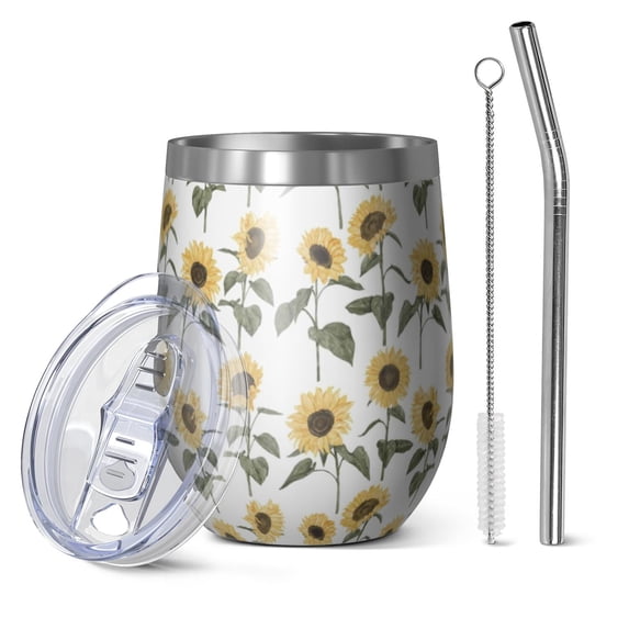 12oz Stemless Wine Tumblers White Stem Sunflower Pattern Vacuum Insulated Stainless Steel Travel Tumbler Cups Mug with Lid and Straw for Champaign,Cocktail,Beer with Cleaning Brush