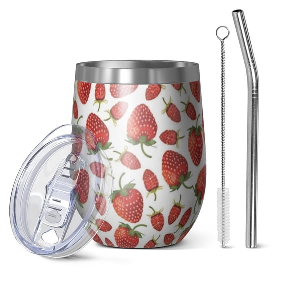 12oz Stemless Wine Tumblers White Strawberry Plants Fruit Vacuum Insulated Stainless Steel Travel Tumbler Cups Mug with Lid and Straw for Champaign,Cocktail,Beer with Cleaning Brush