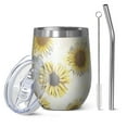 thumbnail image 1 of 12oz Stemless Wine Tumblers White Sunflower Sketch Pattern Vacuum Insulated Stainless Steel Travel Tumbler Cups Mug with Lid and Straw for Champaign,Cocktail,Beer with Cleaning Brush, 1 of 5