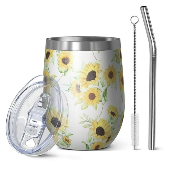 12oz Stemless Wine Tumblers White Sunflower Vacuum Insulated Stainless Steel Travel Tumbler Cups Mug with Lid and Straw for Champaign,Cocktail,Beer with Cleaning Brush