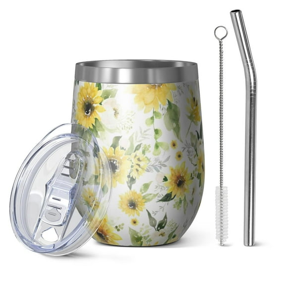 12oz Stemless Wine Tumblers White Sunflower Vacuum Insulated Stainless Steel Travel Tumbler Cups Mug with Lid and Straw for Champaign,Cocktail,Beer with Cleaning Brush