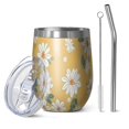 thumbnail image 1 of 12oz Stemless Wine Tumblers Yellow Daisy Flower Pattern Vacuum Insulated Stainless Steel Travel Tumbler Cups Mug with Lid and Straw for Champaign,Cocktail,Beer with Cleaning Brush, 1 of 5