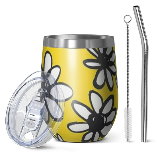 12oz Stemless Wine Tumblers Yellow Daisy Flower Pattern Vacuum Insulated Stainless Steel Travel Tumbler Cups Mug with Lid and Straw for Champaign,Cocktail,Beer with Cleaning Brush