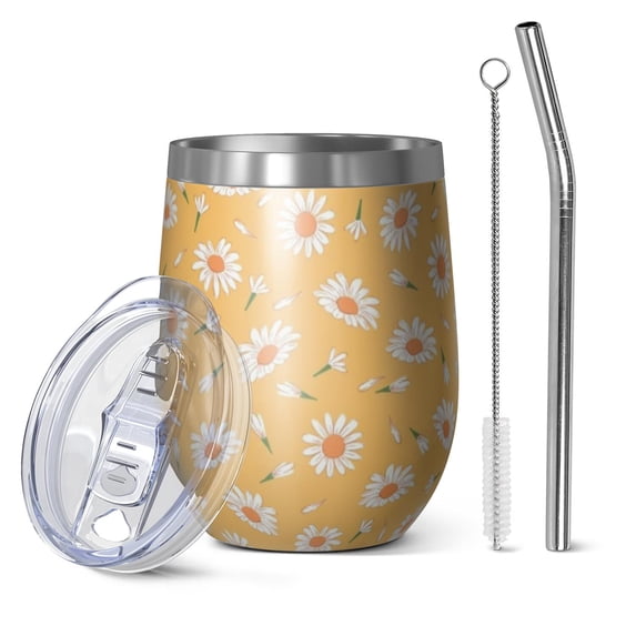 12oz Stemless Wine Tumblers Yellow Daisy Flower Retro Pattern Vacuum Insulated Stainless Steel Travel Tumbler Cups Mug with Lid and Straw for Champaign,Cocktail,Beer with Cleaning Brush