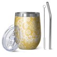 thumbnail image 1 of 12oz Stemless Wine Tumblers Yellow Ethnic Floral Pattern Vacuum Insulated Stainless Steel Travel Tumbler Cups Mug with Lid and Straw for Champaign,Cocktail,Beer with Cleaning Brush, 1 of 5