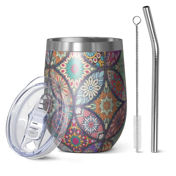 12oz Stemless Wine Tumblers Yellow Floral Oval Pattern Vacuum Insulated Stainless Steel Travel Tumbler Cups Mug with Lid and Straw for Champaign,Cocktail,Beer with Cleaning Brush