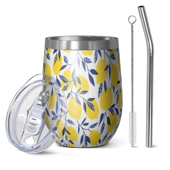 12oz Stemless Wine Tumblers Yellow Lemon Fruit Leaves White Pattern Vacuum Insulated Stainless Steel Travel Tumbler Cups Mug with Lid and Straw for Champaign,Cocktail,Beer with Cleaning Brush