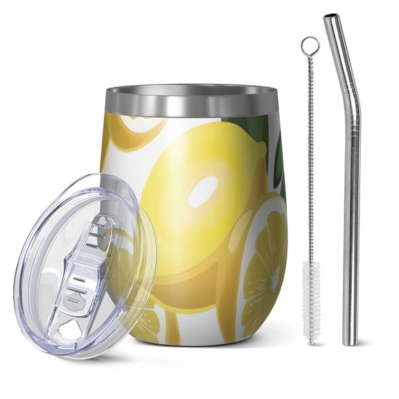 12oz Stemless Wine Tumblers Yellow Lemon Fruit Slices White Pattern Vacuum Insulated Stainless Steel Travel Tumbler Cups Mug with Lid and Straw for Champaign,Cocktail,Beer with Cleaning Brush