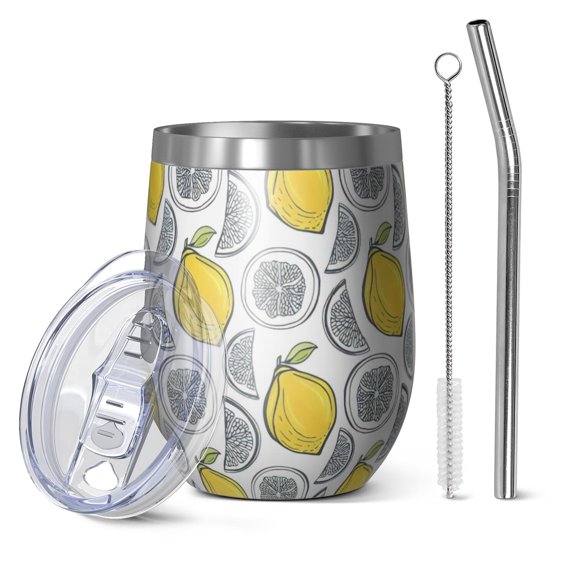 12oz Stemless Wine Tumblers Yellow Lemon Fruit Slices White Pattern Vacuum Insulated Stainless Steel Travel Tumbler Cups Mug with Lid and Straw for Champaign,Cocktail,Beer with Cleaning Brush
