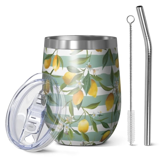 12oz Stemless Wine Tumblers Yellow Lemon Fruits StripedGreen Pattern Vacuum Insulated Stainless Steel Travel Tumbler Cups Mug with Lid and Straw for Champaign,Cocktail,Beer with Cleaning Brush