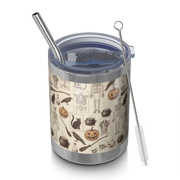 12oz Tumblers Beige Halloween Skull Pumpkin Cat Pattern Vacuum Insulated Stainless Steel Travel Tumbler Cups Mug with Lid and Straw for Beer,Coffee,Beverages with Cleaning Brush for Cold & Hot Drinks