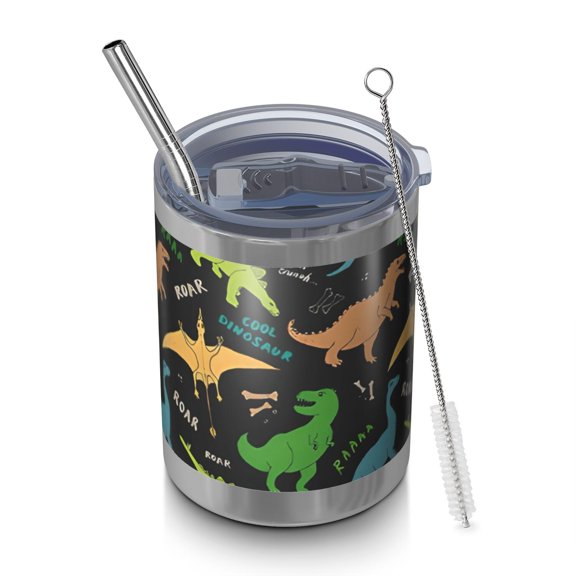 12oz Tumblers Black Cartoon Dinosaurs Text Pattern Vacuum Insulated Stainless Steel Travel Tumbler Cups Mug with Lid and Straw for Beer,Coffee,Beverages with Cleaning Brush for Cold & Hot Drinks