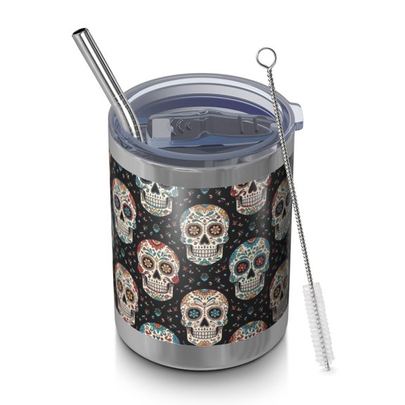 12oz Tumblers Black Colorful Skull Pattern Vacuum Insulated Stainless Steel Travel Tumbler Cups Mug with Lid and Straw for Beer,Coffee,Beverages with Cleaning Brush for Cold & Hot Drinks